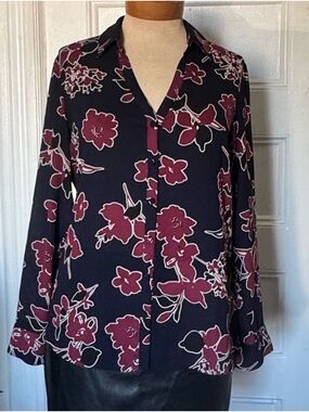 Express Black Button-Front Blouse with Burgundy Floral Print